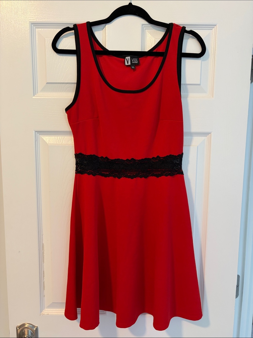 Vibe Red Sleeveless Fit-and-Flare Dress with Black Lace Waist